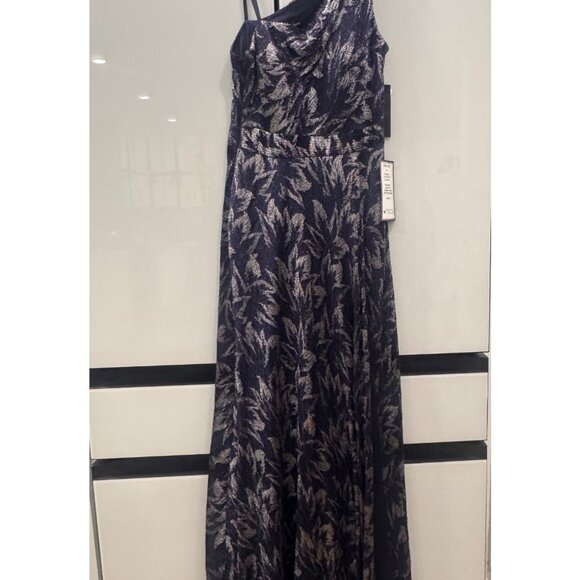 Betsy & Adam Navy & Silver One-Shoulder Gown With Metallic Leaf Pattern & Keyhol - Picture 3 of 6